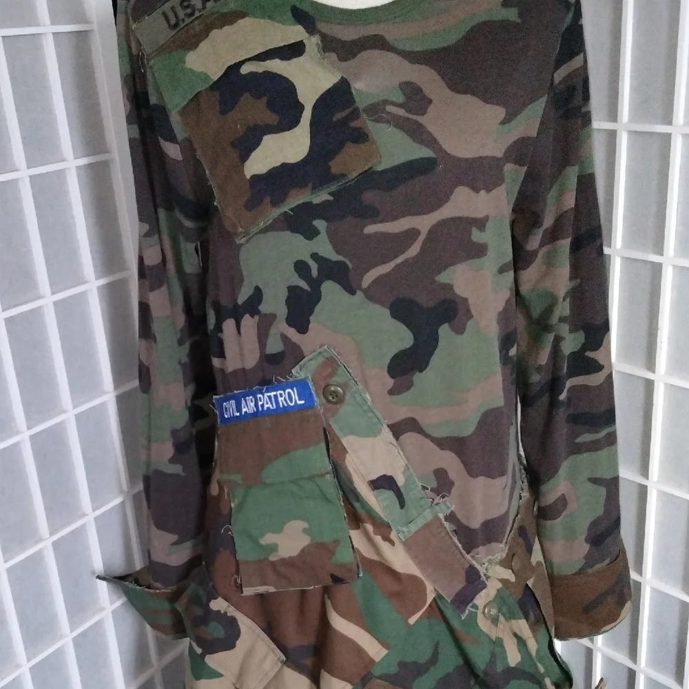 Upcycle / Refurbished Camouflage Asymmetrical Long Sleeve Maxi Dress - Picture 3 of 16